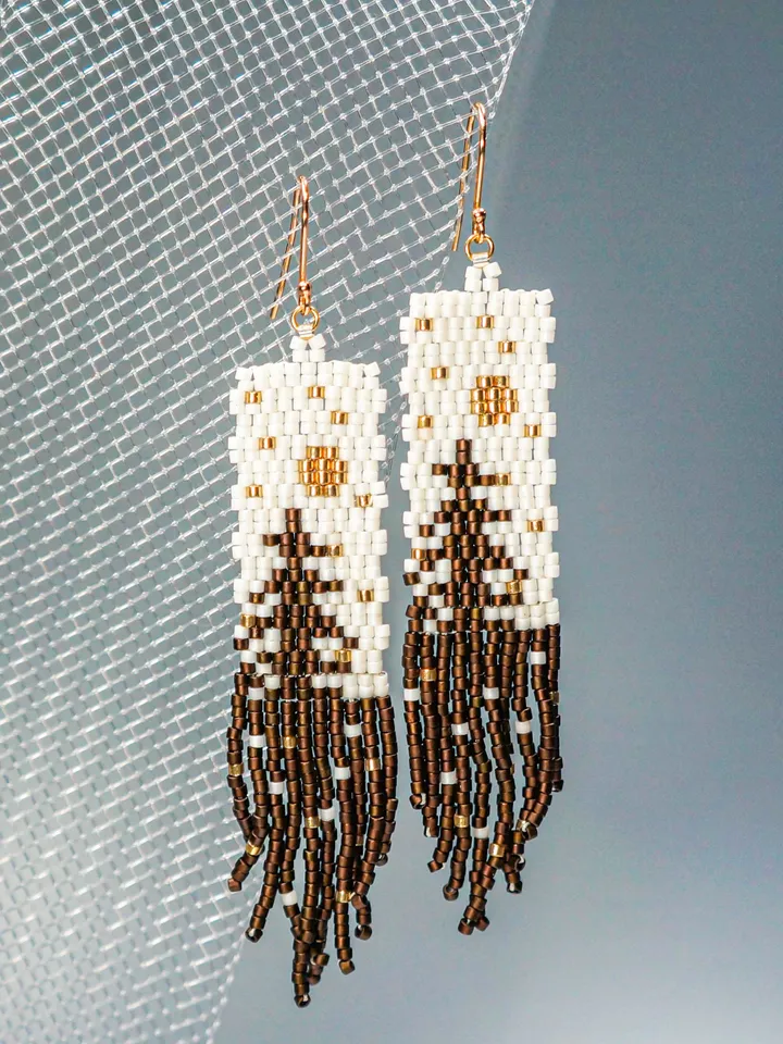 Trees-Patterned brown pine Japanese Bead and sterling Silver Earrings A Fusion of Elegance and Nature