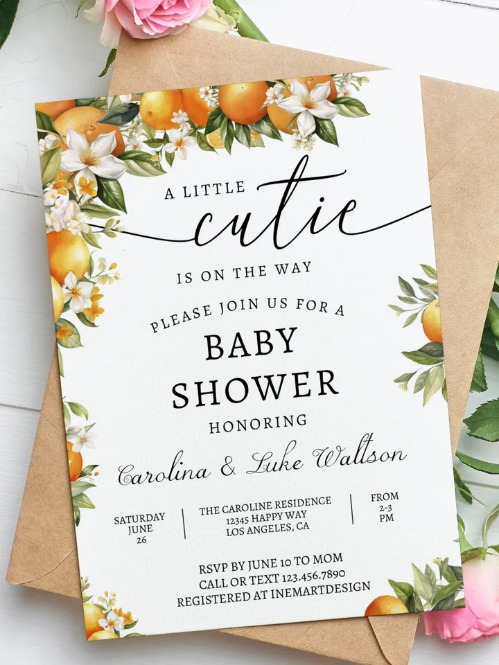 Editable A Little Cutie is on the Way Greenery Orange Gender Neutral Couples Baby Shower Invitation Invites Template Instant Download