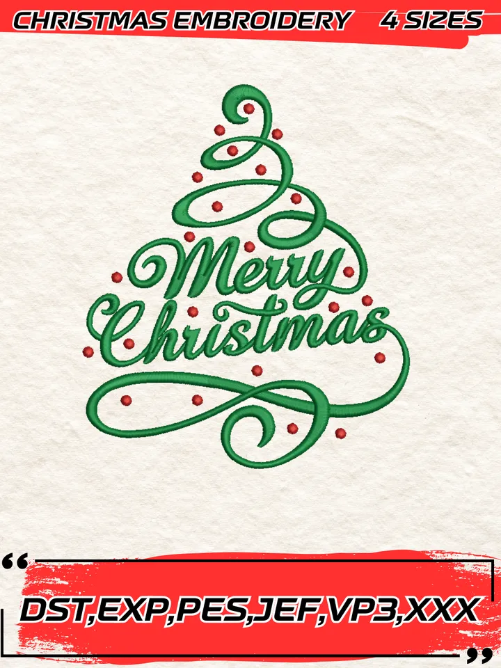 Merry Christmas Tree Embroidery Design,Christmas Embroidery Design,4 Sizes, Digital Download