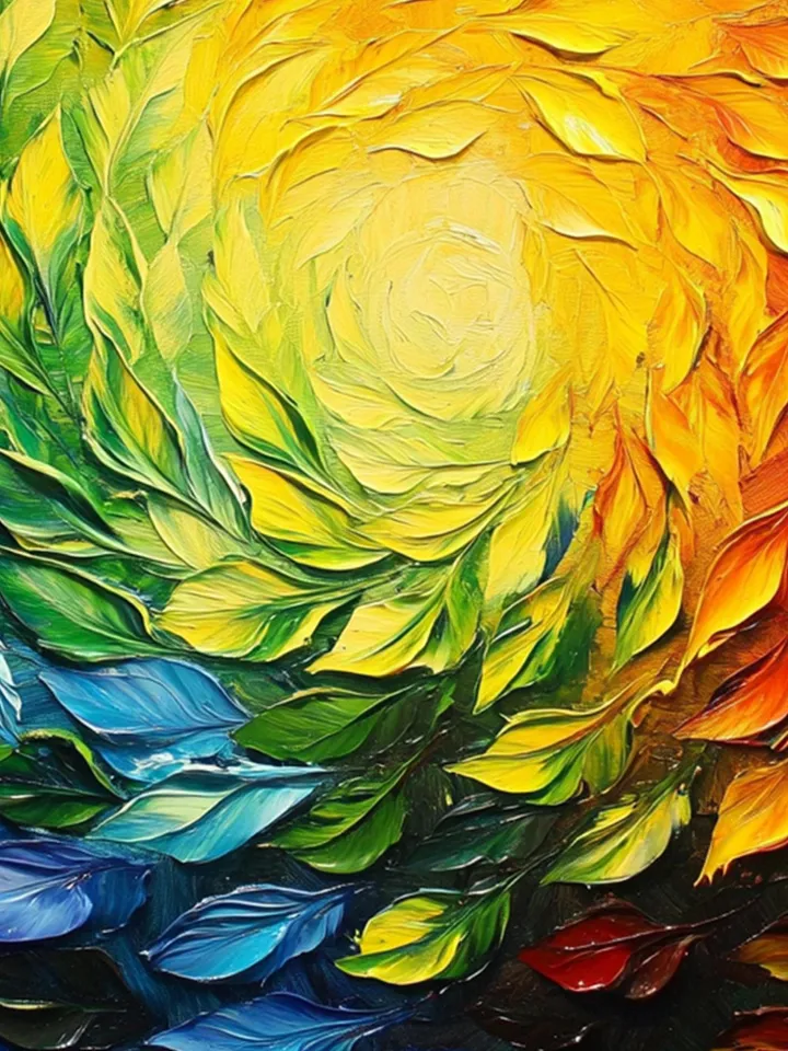 Abstract Rainbow Leaves Painting, Textured Impasto Art, Colorful Wall Art, 3D Canvas Art, Modern Art, Large Wall Decor, Living Room Decor