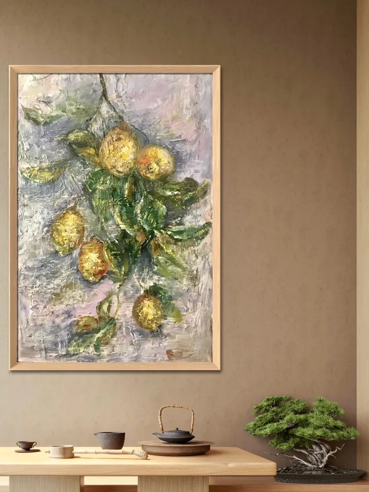 Lemons original oil painting on unstretched canvas,textured impressionistic painting,Monet inspired,dining room,kitchen decoration,art gift.