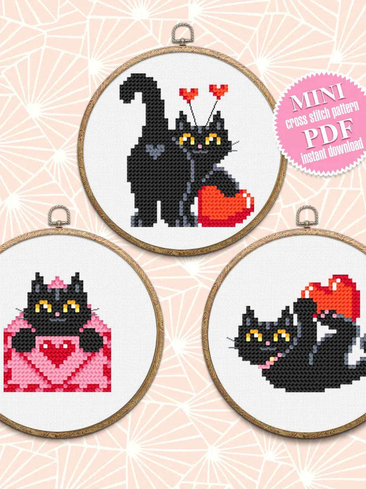 Set Cat valentines day cross stitch pattern download PDF Cute black cat cross stitch chart, Funny cat valentine cross stitch, Cat lover #T10