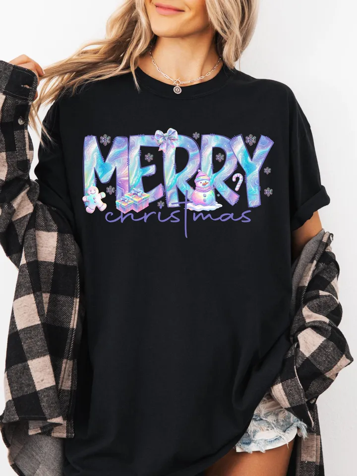 Merry Christmas Iridescent Png, Merry Doodle, Iridescent Stars Sublimation Christmas Shirt Design, Digital Download | Neon Christmas png