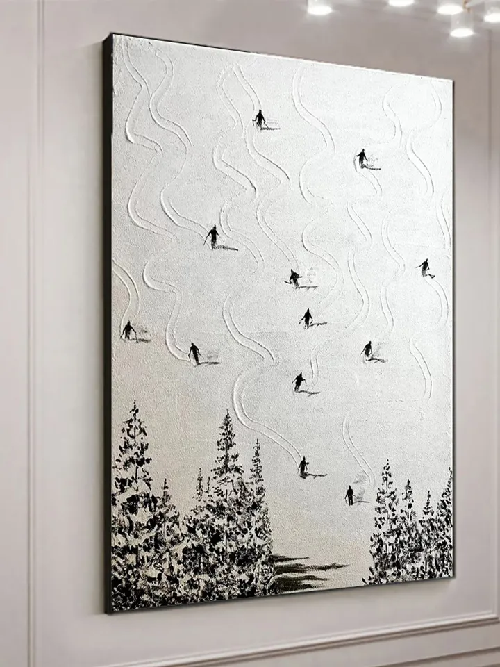 Original Ski Sport Painting on Canvas, Winter Decor, Texture Wall Art, Personalized Gift, Skier on Snowy Mountain Art, White Snow Skiing Art
