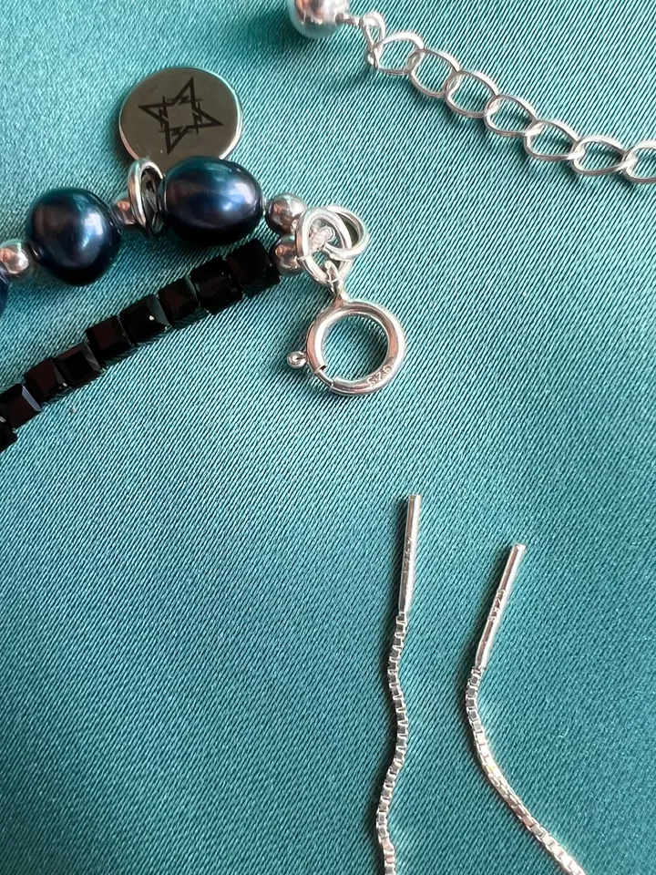 Pearl Silver 925 Jewelry Set Necklace Earrings BLACK HEART