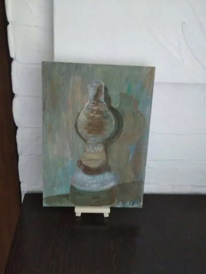 Still Life Oil Painting with Kerosene Lamp Vintage Wall Art 12x8 Inch Paper