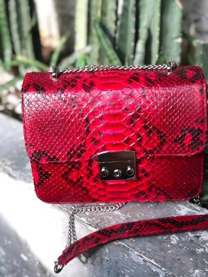 Red Genuine Python Skin Bag Purse Chain Crossbody | Classy elegant red leather bag | Handmade designer Bag | Exotic skin bags | Red bag
