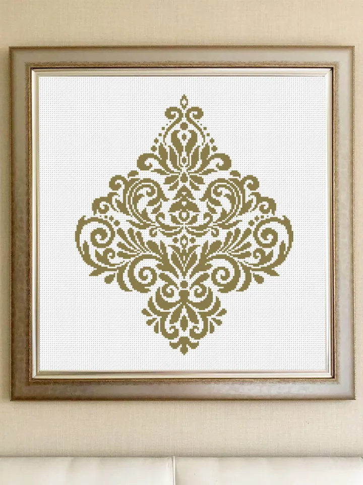 Floral damask ornament cross stitch pattern PDF download Flower mandala cross stitch chart, Floral scroll, Damask pattern digital PDF #M252