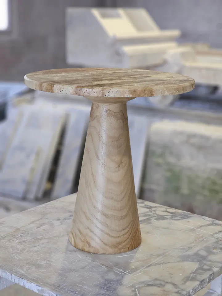 Calacatta viola or silver marble & travertine end table wooden leg model is handmade free shipping