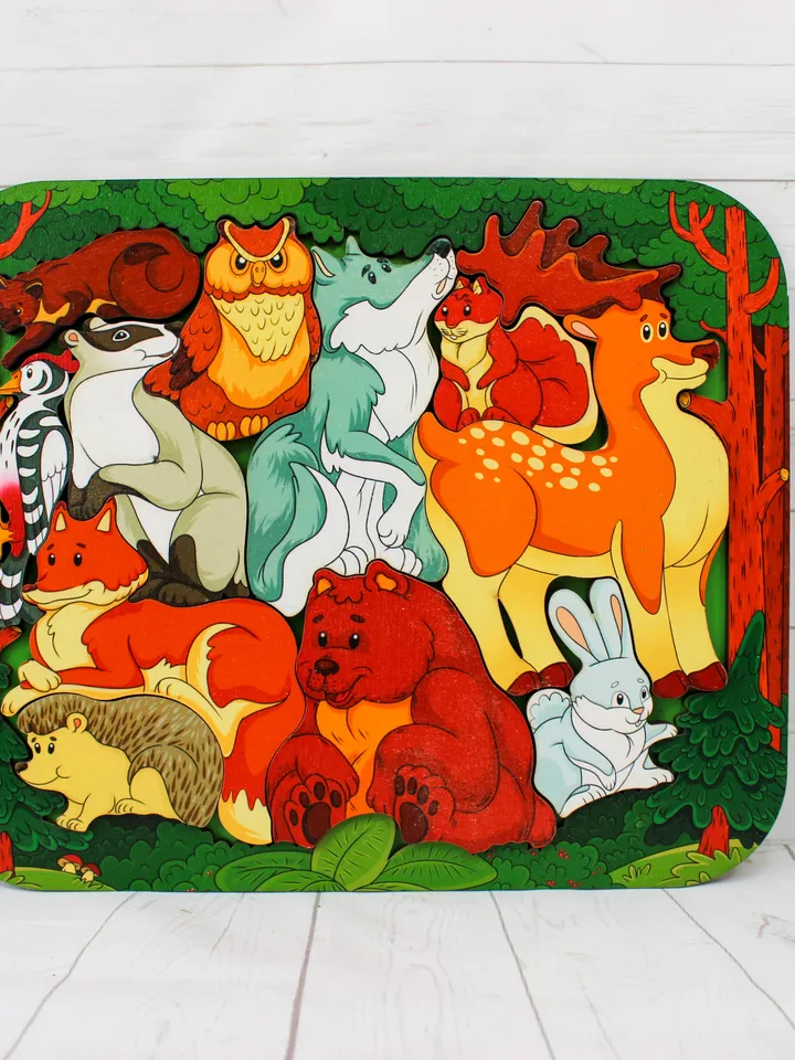 Wooden Puzzle - wild forest animals, Montessori toddler learning toy for 2 3 4 5