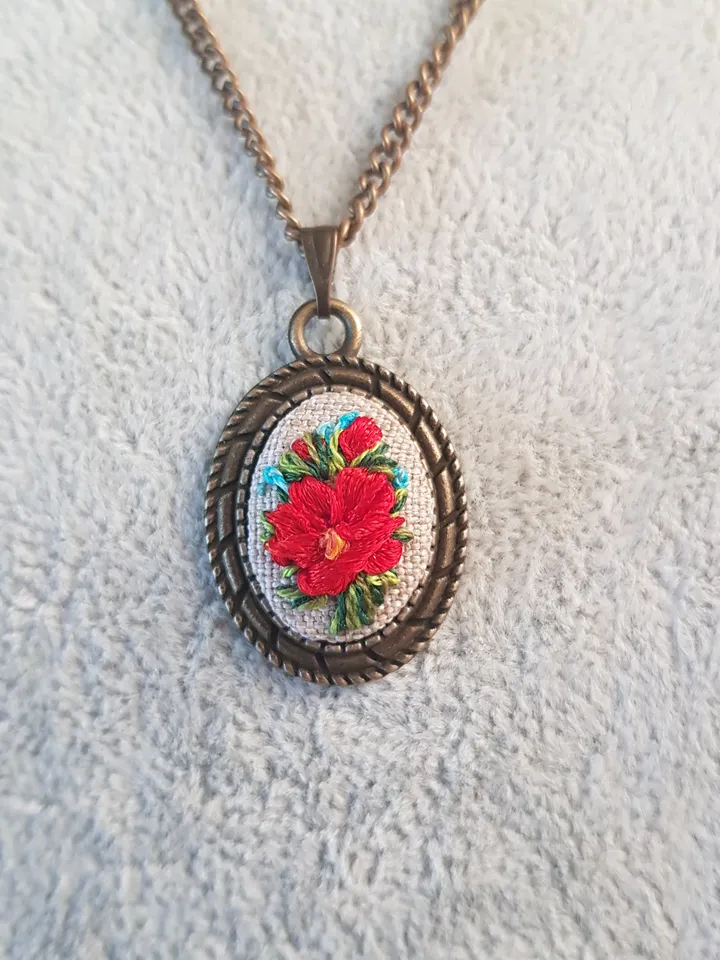 Ribbon embroidered pendant for her, red flower jewelry embroidery