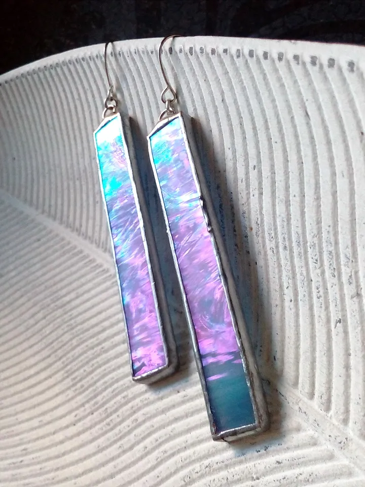 Iridescent stained glass blue earrings, cute rectangle earrings, dichroic earrings, duochrome earrings