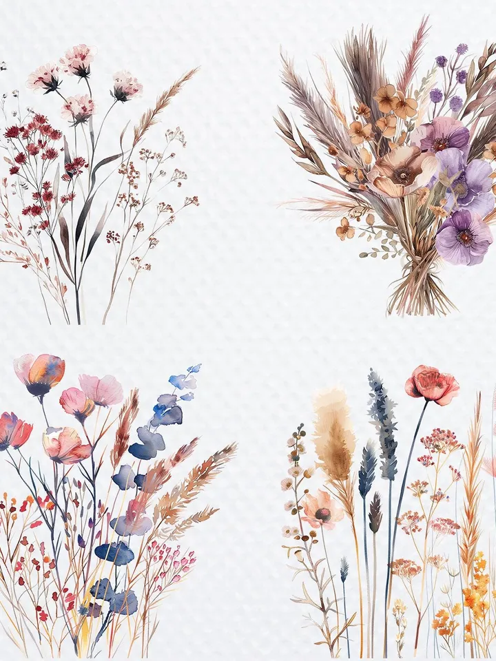 20 Boho Flowers Bouquet PNG Bundle, Minimalistic Flowers Printable Watercolor clipart for sublimation, Wall Art, crafting, junk journals