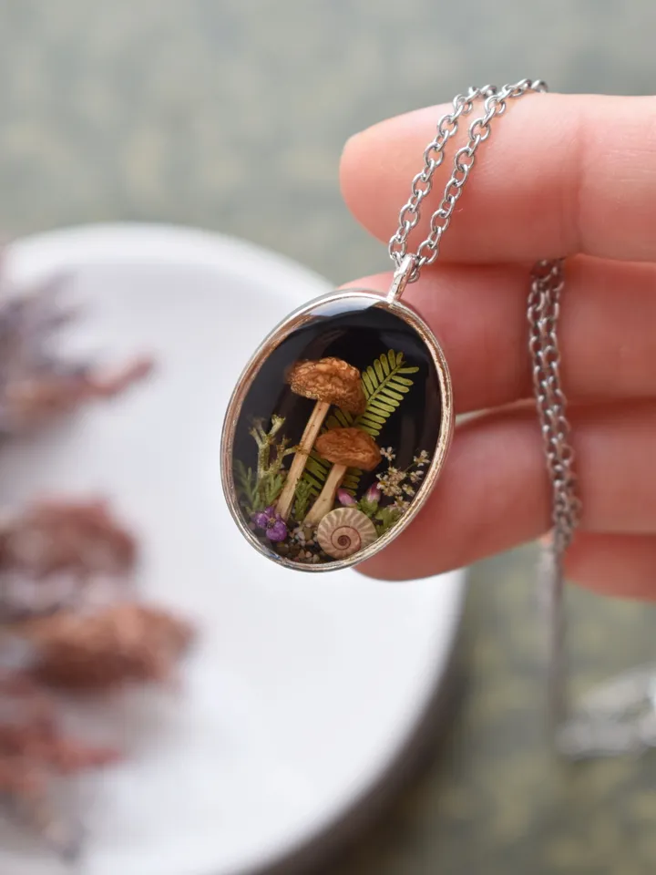 Real mushroom pendant. Necklace with dried mushrooms in resin. Necklace with a forest composition.