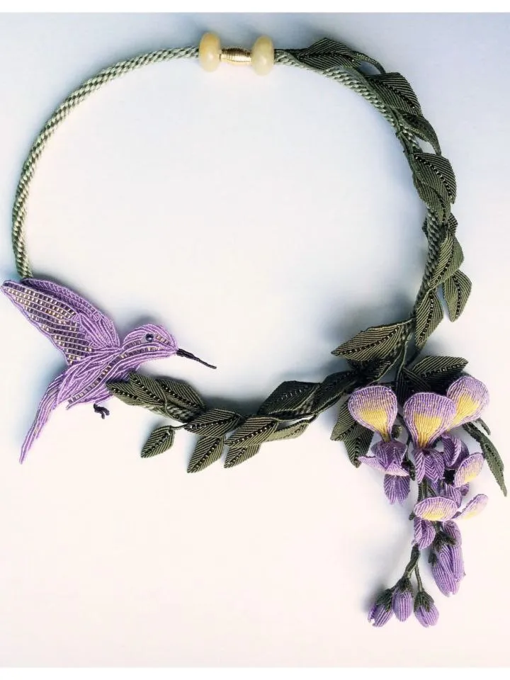 Hummingbird and Wisteria Macrame Necklace — Artful Elegance