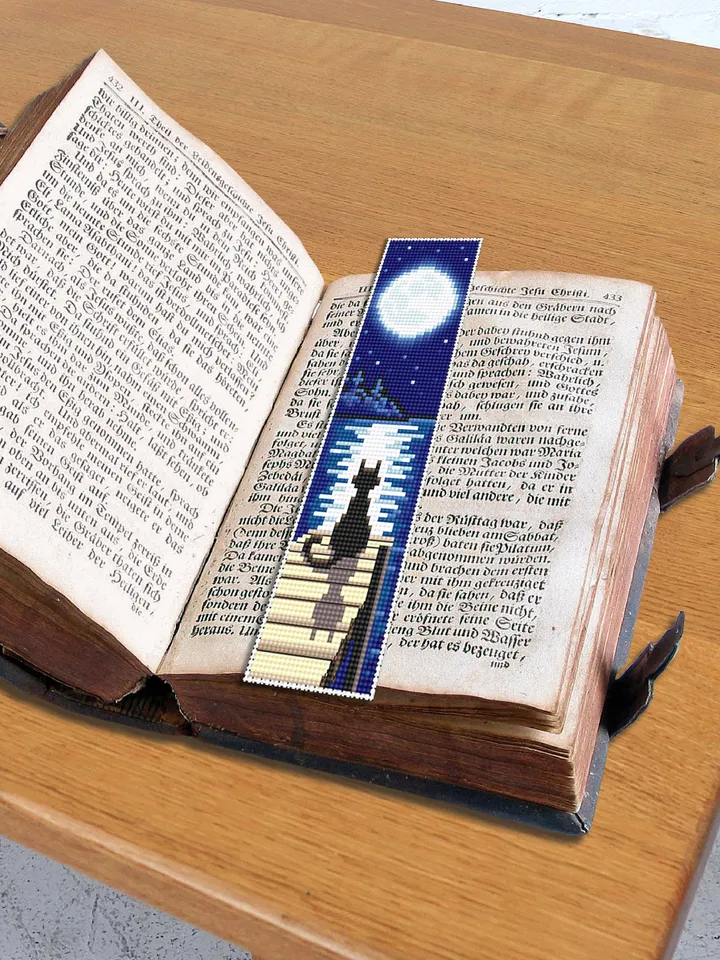 Bookmark cross stitch pattern download PDF Modern handmade bookmark digital Cute Black cat embroidery beginners Moon cross stitch chart #B60