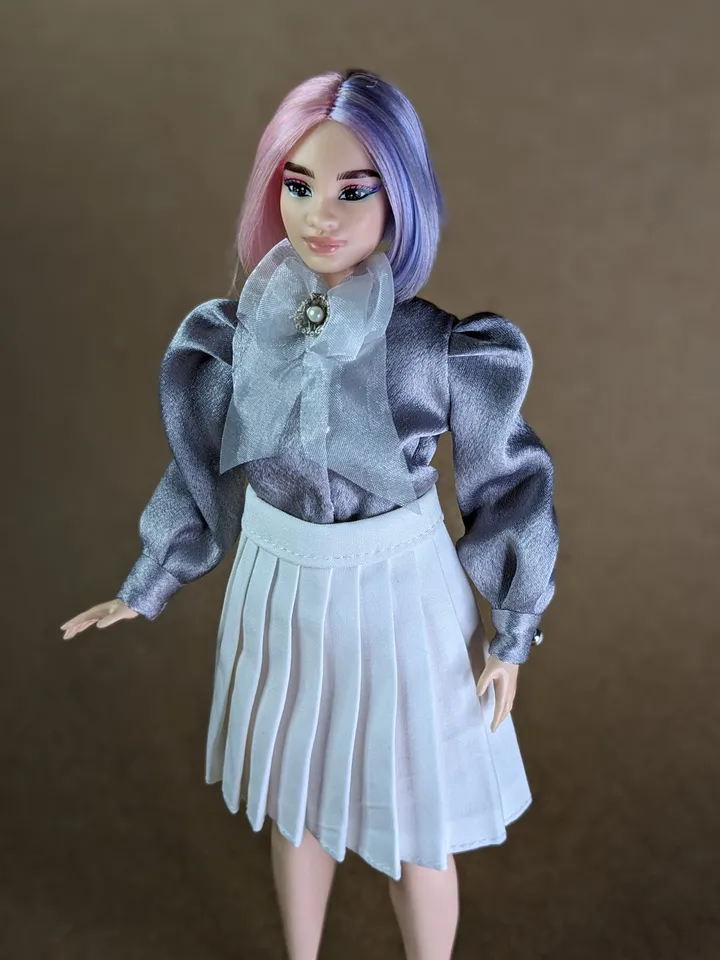 Handmade silk gray bow blouse for 1/6 scale fashion female dolls