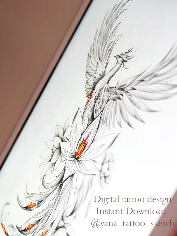 Phoenix Tattoo Design Phoenix Tattoo Idea Sketch Stencil, Instant download PDF, JPG
