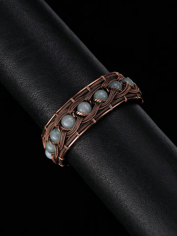 Copper wire wrapped chalcedony bracelet Unique woven copper wire bangle