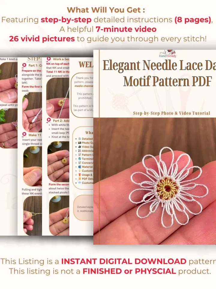 Elegant Needle Lace Daisy Motif Pattern PDF, Intricate Floral Design Tutorial, DIY Jewelry, Embellishments, or Decoration