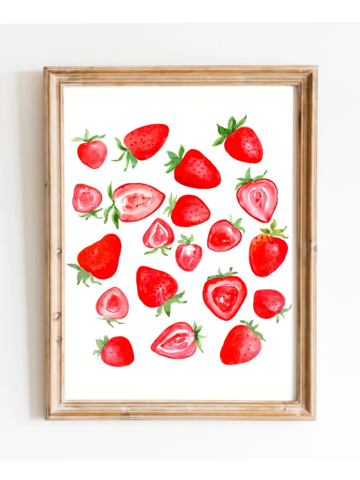 Strawberry Watercolor Painting Wall Art Print, Food Wall Art, Kids Gift, Cute Strawberry, Summer Fruit, Strawberry Pop Art Print, Red Print