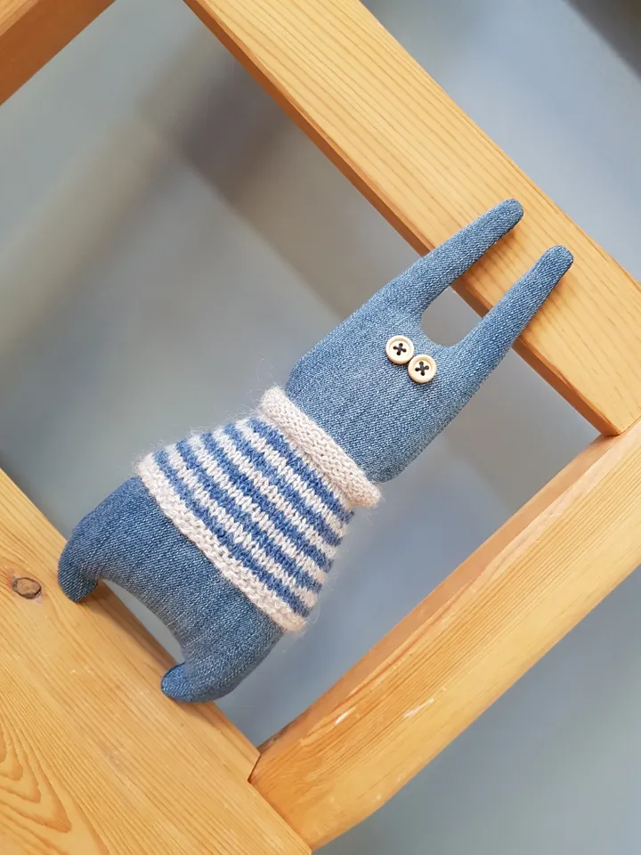 Rabbit sewing and knitted patterns PDF digital tutorial, denim Rabbit in striped sweater