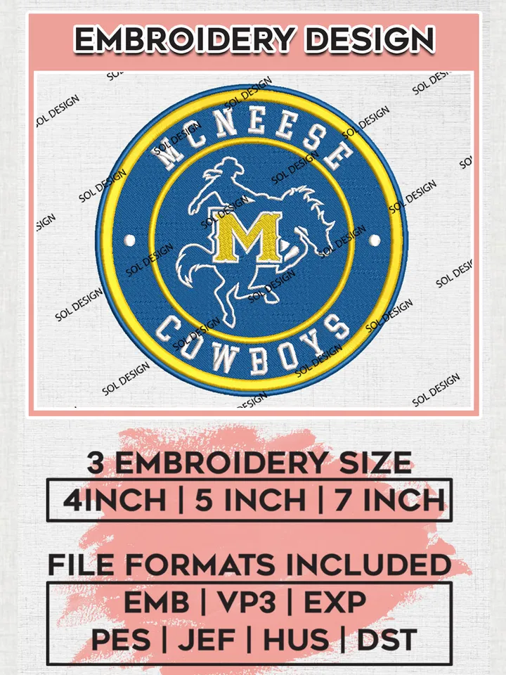 NCAA McNeese Cowboys Round Logo Embroidery, NCAA McNeese Cowboys Logo Embroidery files, NCAA Teams, Machine embroidery designs, Digital Download