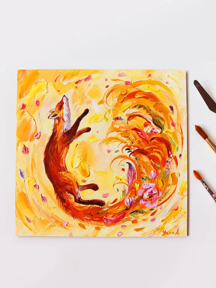 Fox Oil Painting Original Textured Handmade Fox Artwork 10 by 10 inches