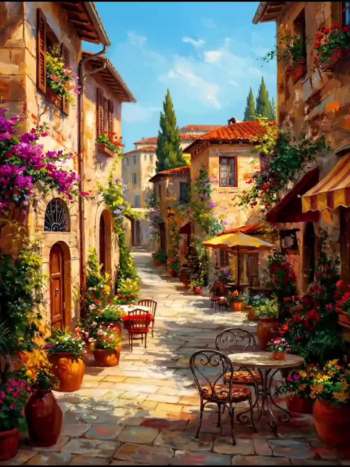 Tuscan Street Oil Painting Print, Rustic Italian Alleyway (Digital