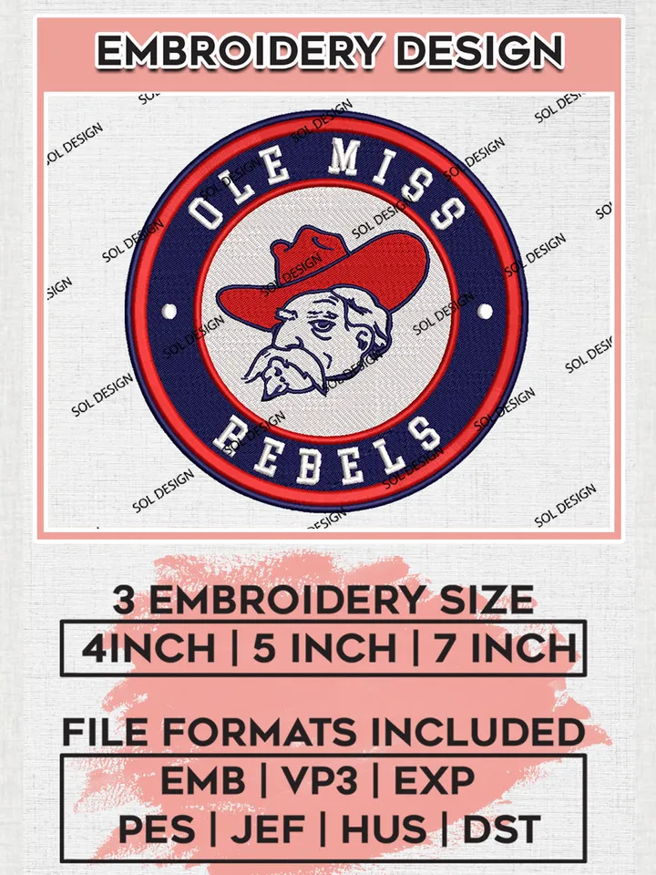 NCAA Ole Miss Rebels Round Logo Embroidery, NCAA Ole Miss Rebels Logo Embroidery files, NCAA Teams, Machine embroidery designs, Digital Download