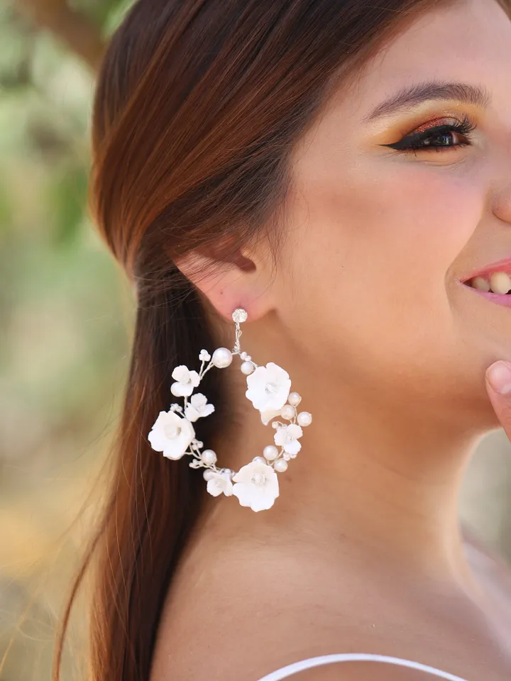 Delicate Porcelain Flowers Wedding Earrings For Bride, Crystal Silver Bridal earrings, Hoop Earrings, Chandelier Statement Earrings, Jewelry