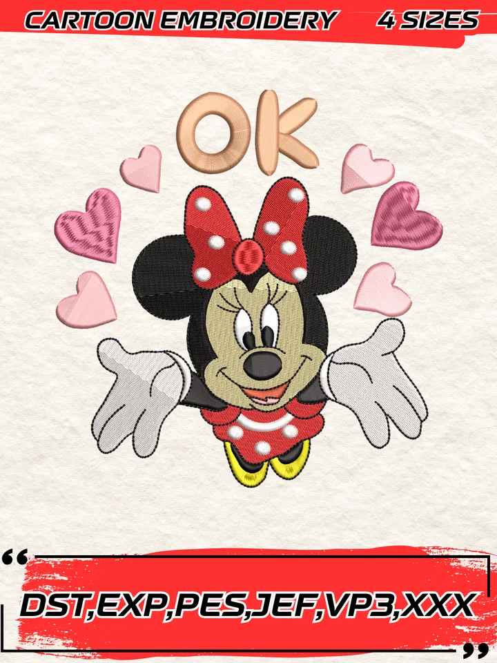 Happy Minnie Mouse With Heart Embroidery Design,Machine Embroidery Design File,4 Sizes, Digital Download