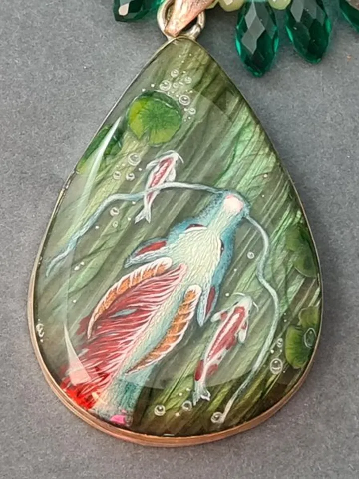 Dragon necklace with koi Miniature painting Labradorite pendant Witchy necklace