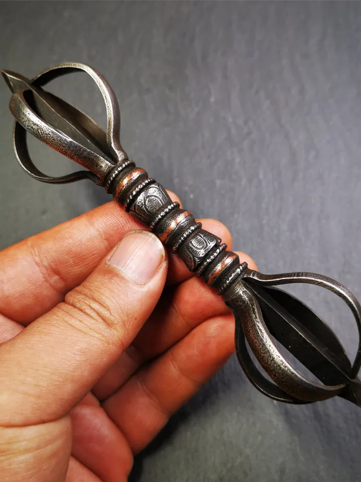 Gandhanra Vintage Five-pronged Vajra Dorje,Tibetan Tantric Buddhism (Vajrayana) Ritual,Altar Tool,Made of Cold Iron,Inlaid Copper