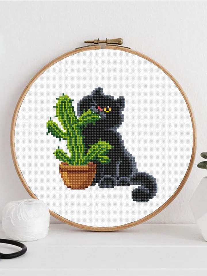 Black cat and cactus cross stitch pattern PDF download Funny cat cross stitch chart, Cactus pattern digital PDF, Plant lover gift #K47