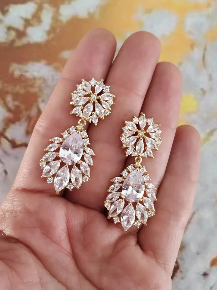 Diamond Gold Wedding Earrings | Flowers Bridal Earrings | Chandelier Statement CZ Earrings | Gold Jewelry for Bride | Bridal Jewelry |