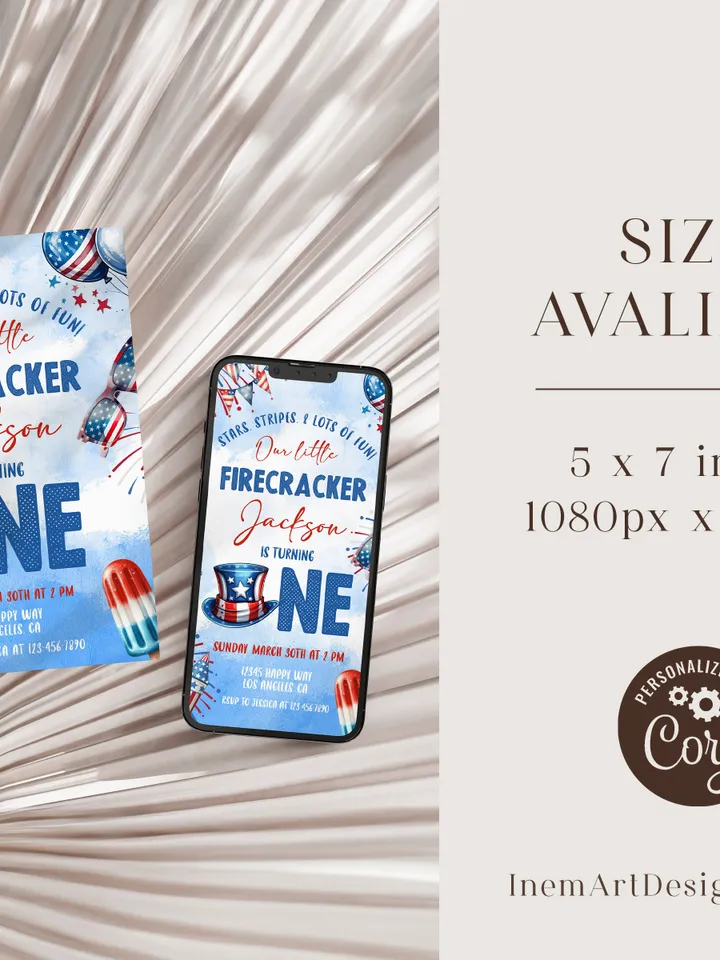 Firecracker 1st birthday invitation, Our little firecracker is turning one invitation, Firecracker invite Editable template - FC001