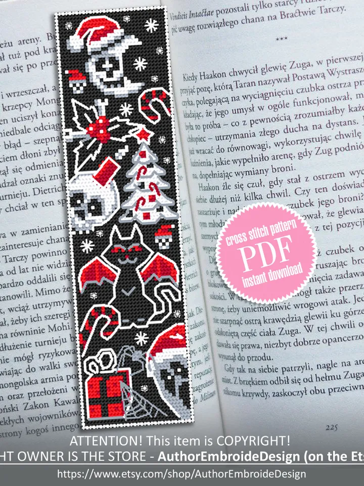 Spooky bookmark cross stitch pattern download PDF Gothic Christmas cross stitch chart Handmade bookmark pattern digital Gothic ornament #B73