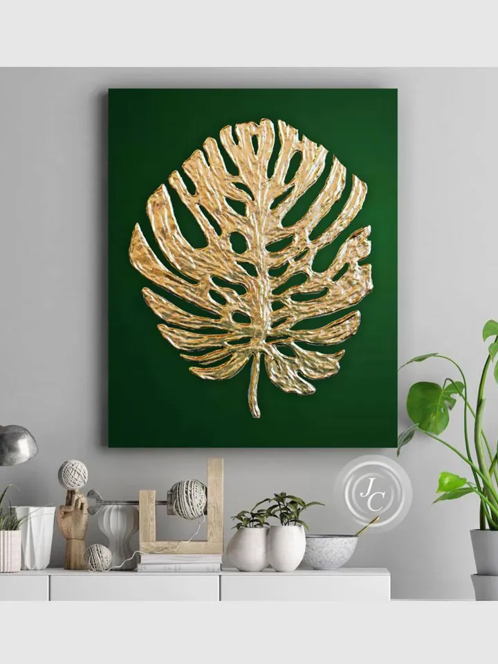Gold Monstera Leaf Wall Art Green and Gold Abstract Painting Original artwork Modern wall decor