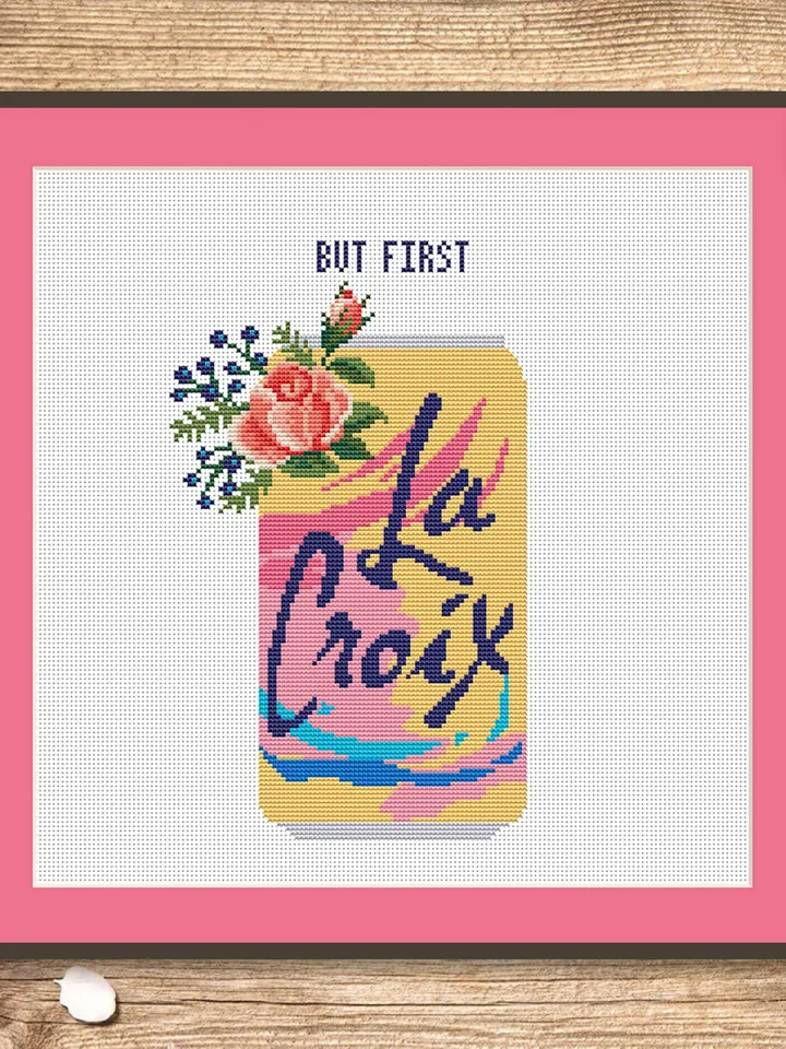 But First La Croix Cross Stitch Pattern, Kitchen Cross Stitch, Embroidery Drink, Drink Cross Stitch Pattern, Modern Cross Stitch #kt014