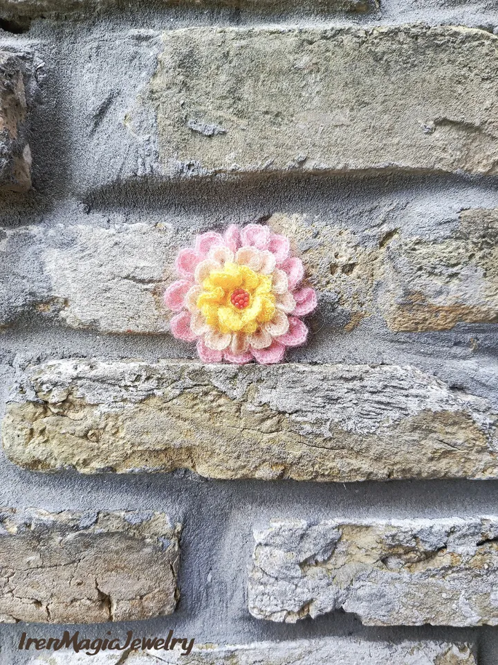 Pastel Mohair Flower Brooch in Pink, Beige and Yellow