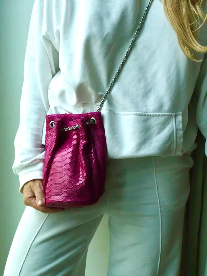 Genuine python skin bucket fuchsia chain bag / designer women purse / bright soft bag / exotic leather bags free shipping | gift for her
