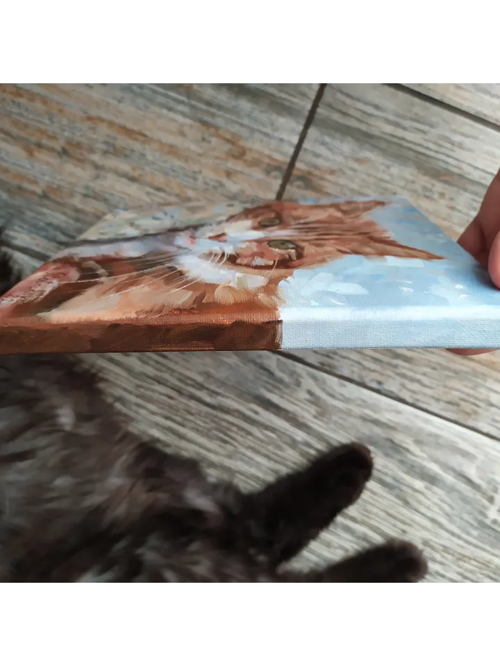 Cat painting Animal Original Art Brown Cat Artwork fine art square canvas art oil painting by Natalia Plotnikova