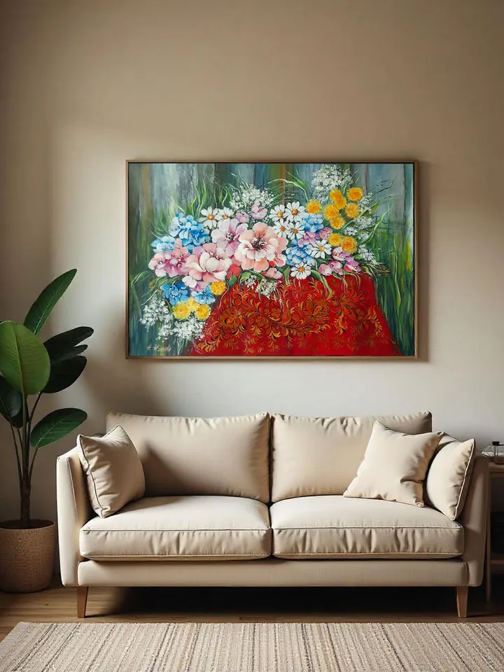 Floral painting folk art, Flowers bouquet painting, Wildflower wall art traditional