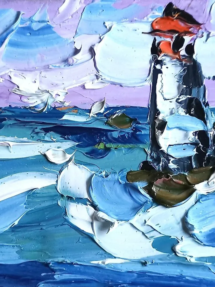 Lighthouse Painting Ocean Original Art Small Impasto Oil Painting by Verafe
