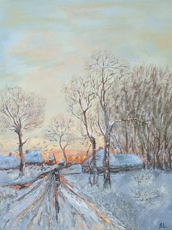 Landscape Oil Painting Last Snow, Thaw, Sunset Handmade Wall Art Reproduction 20x16 Inches