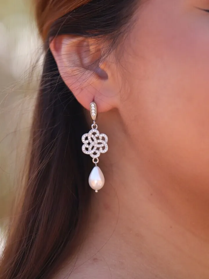 Swarovski Crystal Silver Art Deco Statement Wedding Earrings, Pearl Teardrop Bridal Earrings, Statement Wedding Jewelry, Bridesmaid Gift,