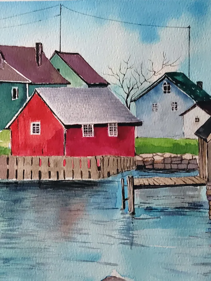 Norwegian Village Painting Original Watercolor Art Scandinavian Landscape 11.8x15.7 in by Art Café