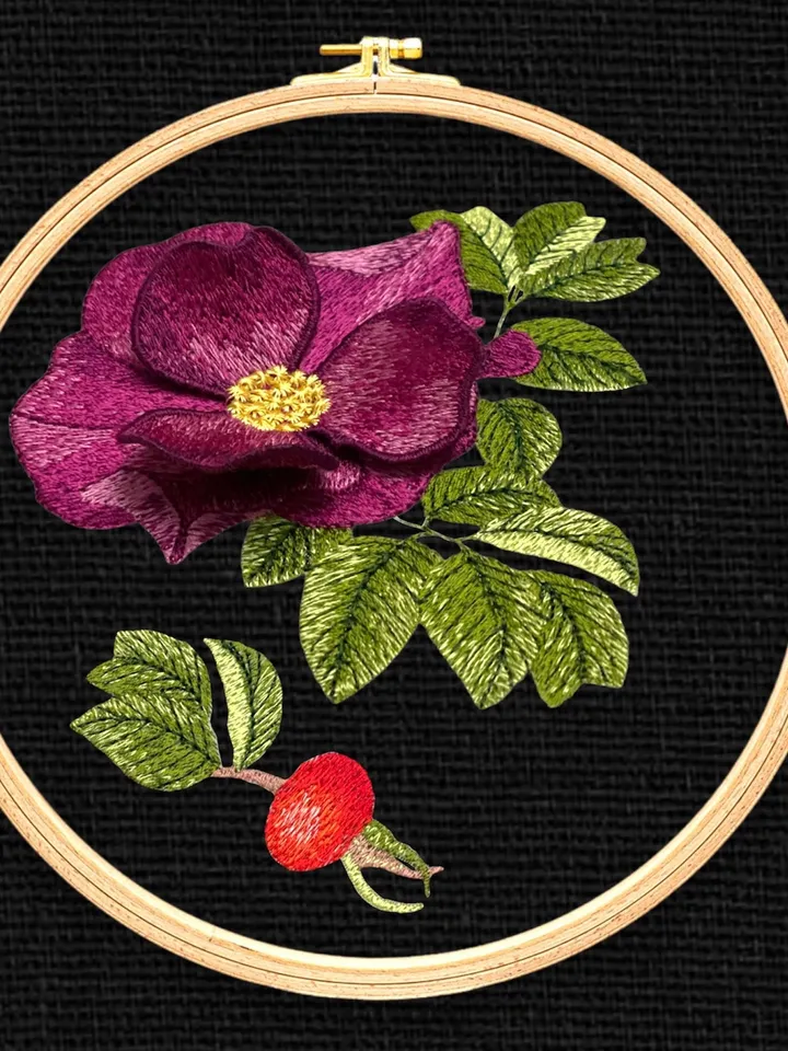 Rose hip set with 3D elements Floral pattern Flower machine embroidery design 3D floral motif 3D flowers digital embroidery pattern clothing