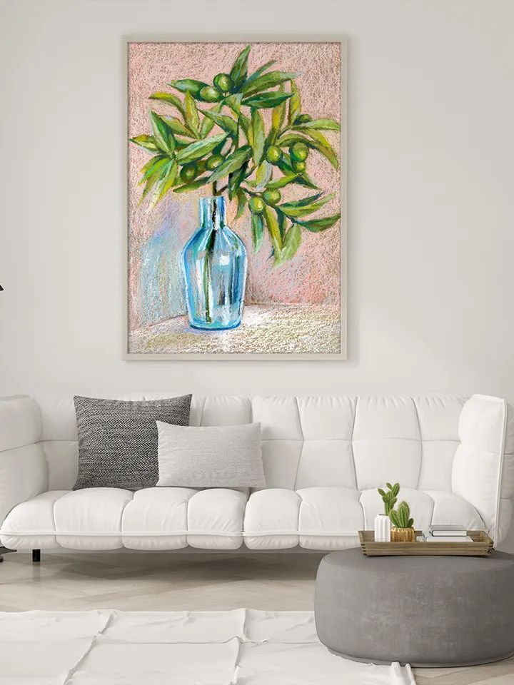 Print template, Still life, Olive tree branch in a glass vase, Digital file for printing and design, Poster for the kitchen
